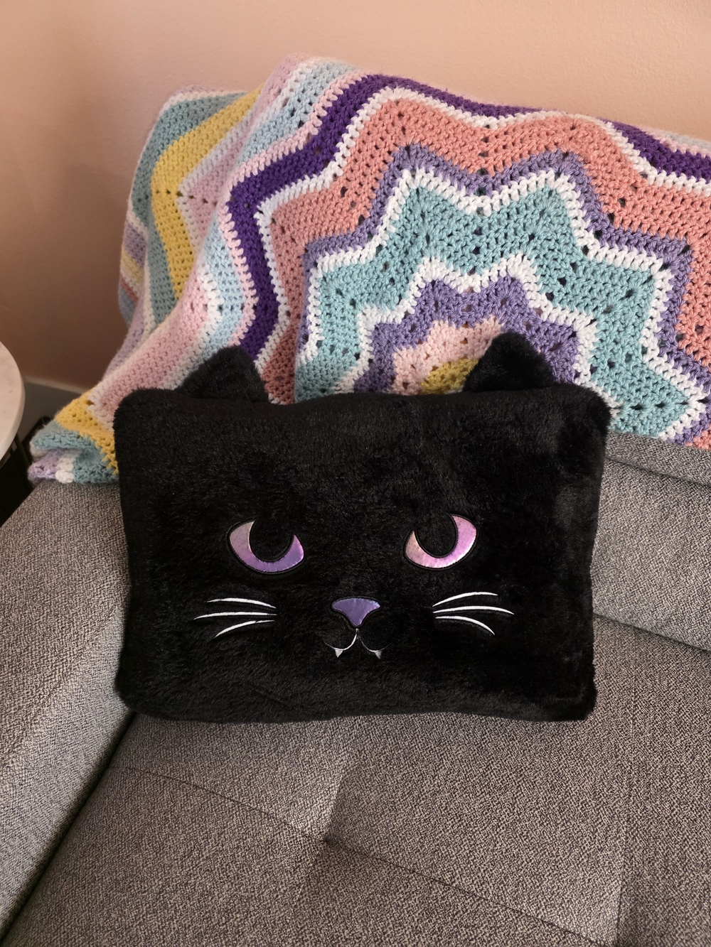 Halloween Pillow Black Cat Embroidered faceBohemian Goth Decor